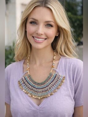 CLEARANCE 😍 Pastel BoHo Multicolor Beaded Bib Necklace with Gold Accents